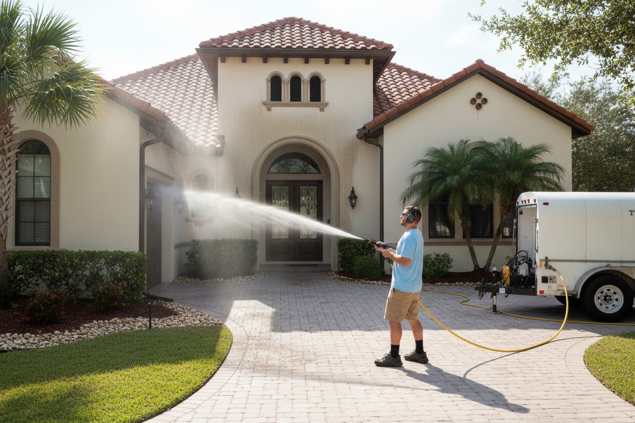 A worker uses a pressure washer to clean the exterior wall of a stucco house in the Saint Augustine area.